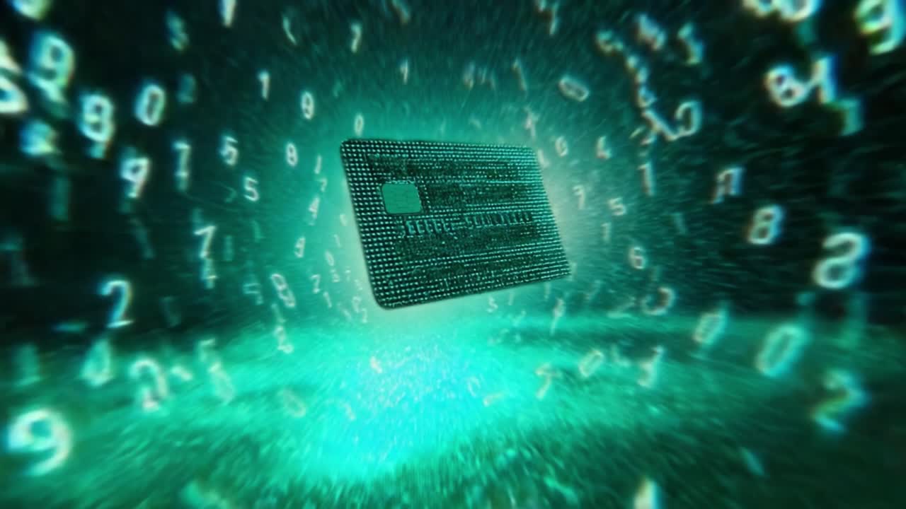 Digital credit card with a microchip floating inside a vortex of glowing numbers representing a secure transaction, symbolizing concepts of electronic payment, e commerce and financial technology