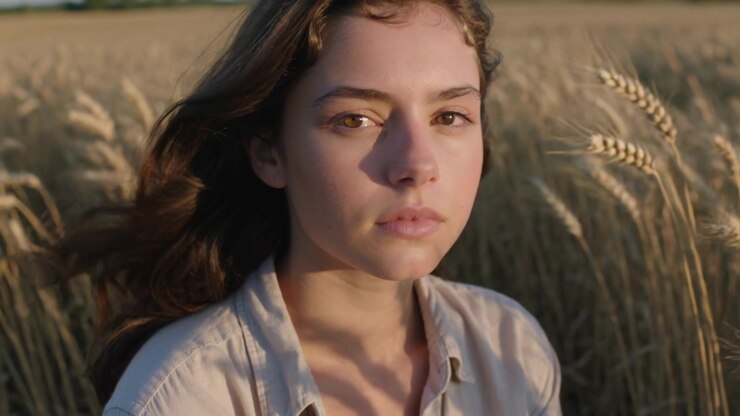 Reacting to sunlight and breeze, woman opening eyes fixing gaze in wheat field in button-up shirt