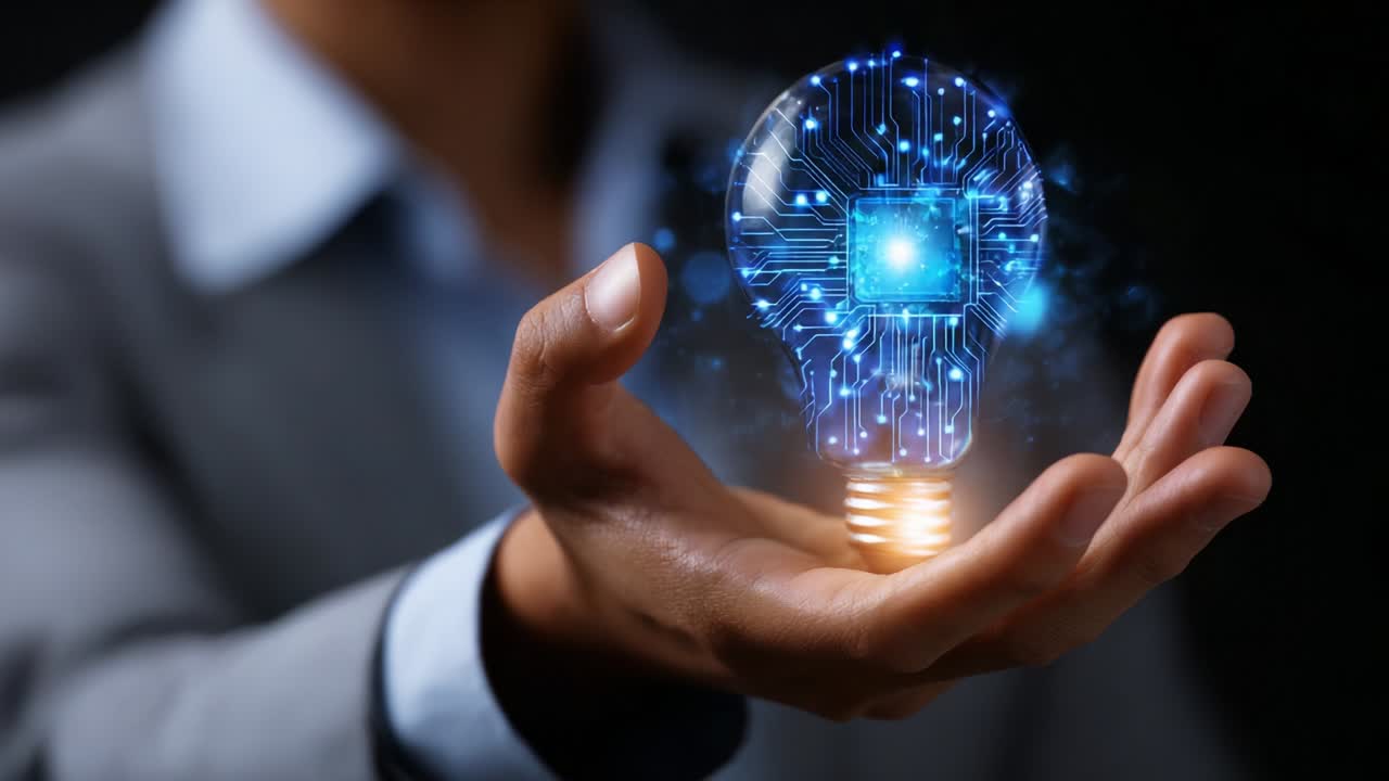 A person holding a glowing lightbulb embedded with intricate circuitry, symbolizing the fusion of technology and innovation, representing concepts such as creativity, intelligence, and digital advancement