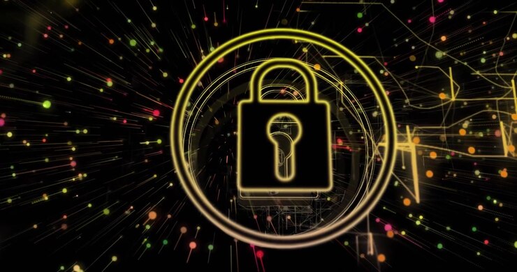 Glowing padlock icon rotating inside neon rings, radiating data streams over circuit grid