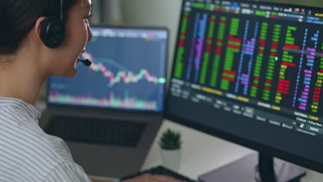 young asian woman broker wearing headphone, call center, customer service talking with customer and trading stock.