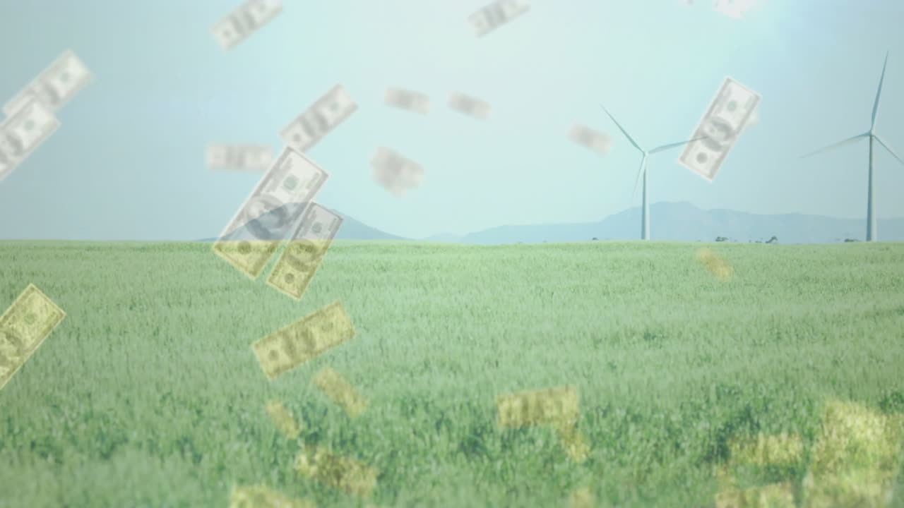 풍력 터빈을 배경으로 푸른  위에 떨어지는 돈 애니메이션
