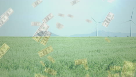 falling money animation over green field with wind turbine in background