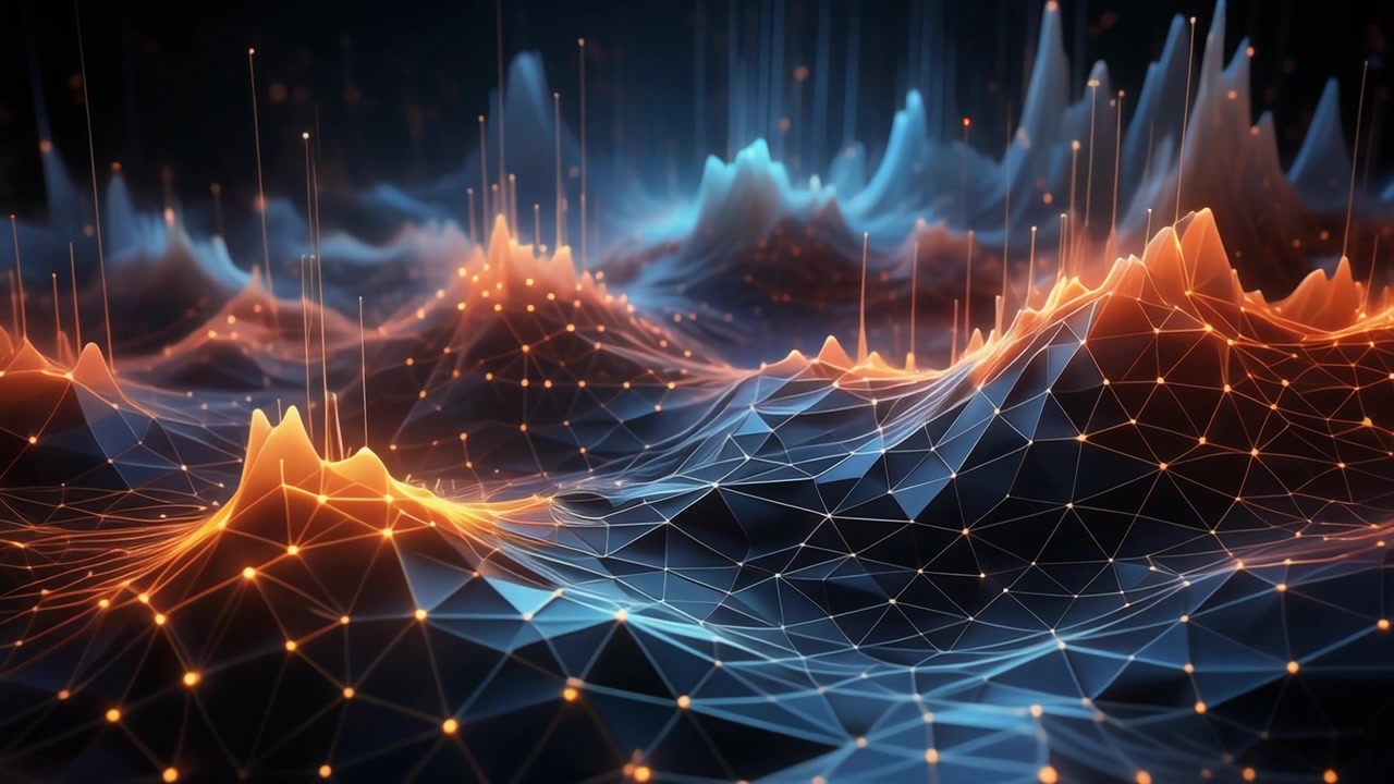 Abstract Digital Landscape with Glowing Data Nodes and Network Connections