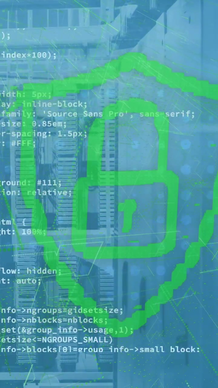 Animation of padlock in shield, computer language over bars on data server room