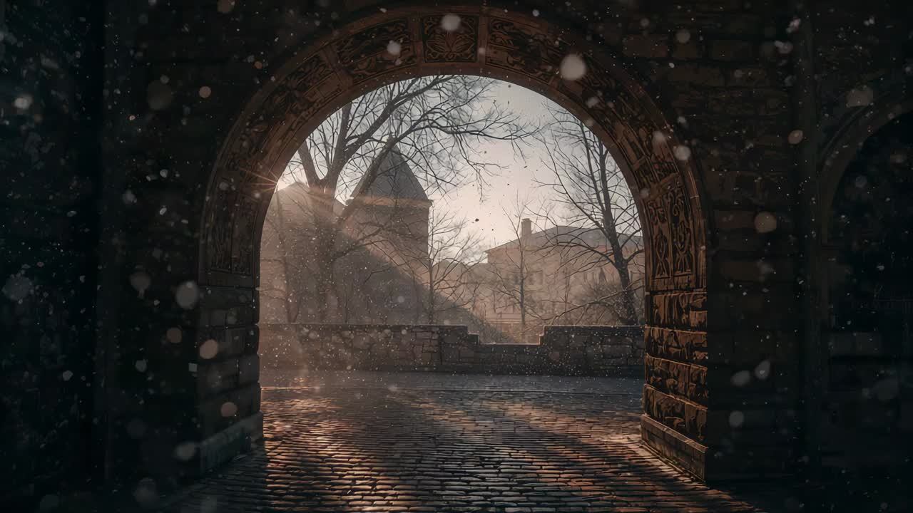 Sun peeking around carved stone archway lighting wet cobbles and parapet at sunrise, with mist