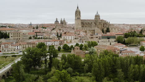 iconic landmarks of salamanca cathedral and roman bridge in the city of salamanca, spain