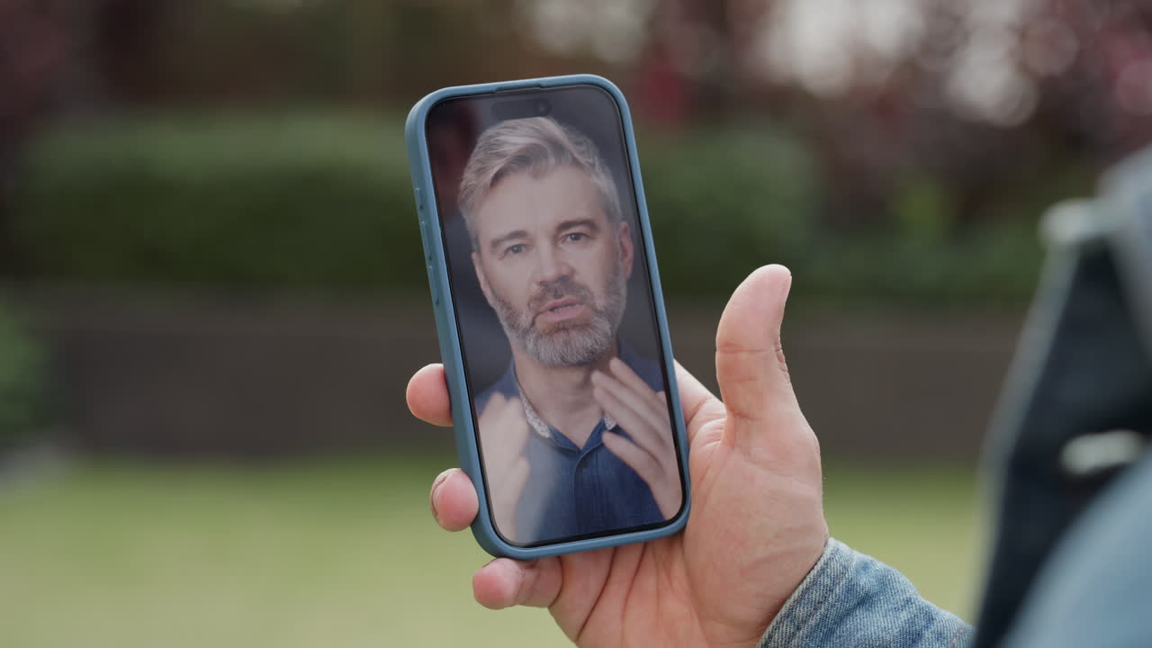 Mano che tiene uno smartphone durante una videochiamata con un uomo che parla
