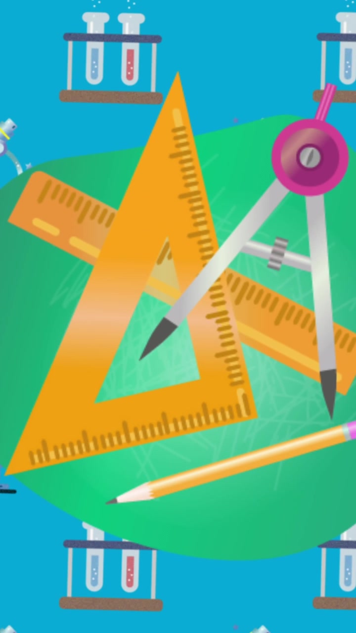 Animation of school geometry items and chemistry icons on blue background