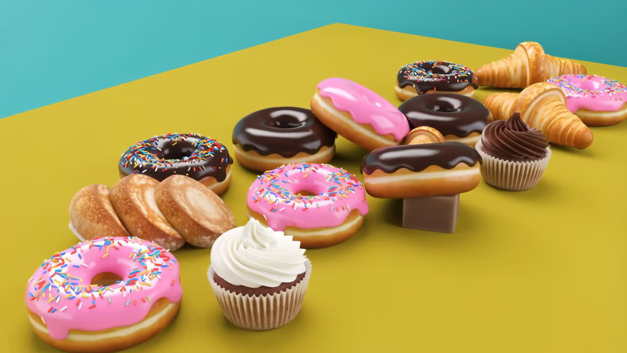 A colorful assortment of donuts, croissants, and cupcakes on a vibrant yellow and teal background