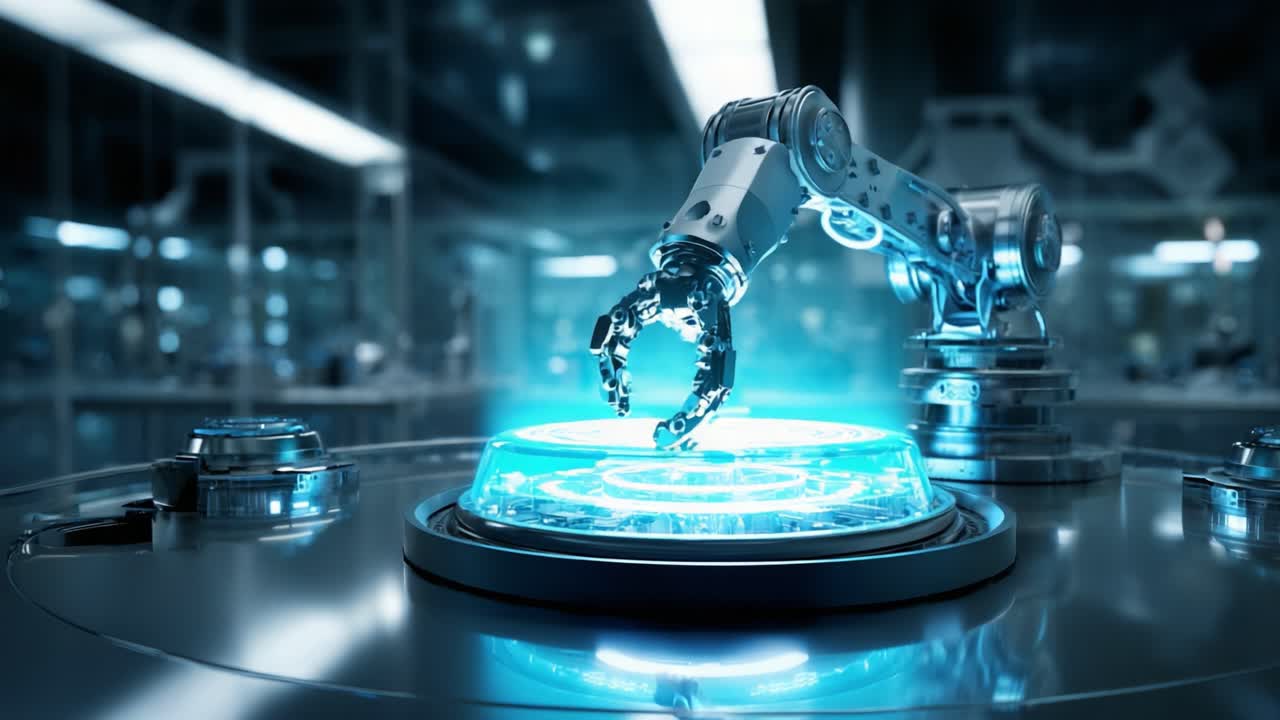 Exploring Advanced Robotics: A Futuristic Robotic Arm Engaged in a Precision Task Using Interactive Holographic Technology in a Sleek Corporate Laboratory Setting