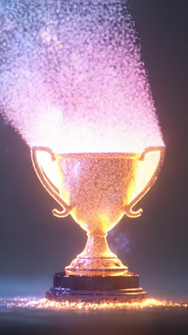 Trofeo Scintillante: Una Visione Spettacolare di una Coppa Magica che Brilla con Colori Vibranti e Particelle Luminescenti in uno Spettacolo Ipnotizzante di Celebrazione e Successo