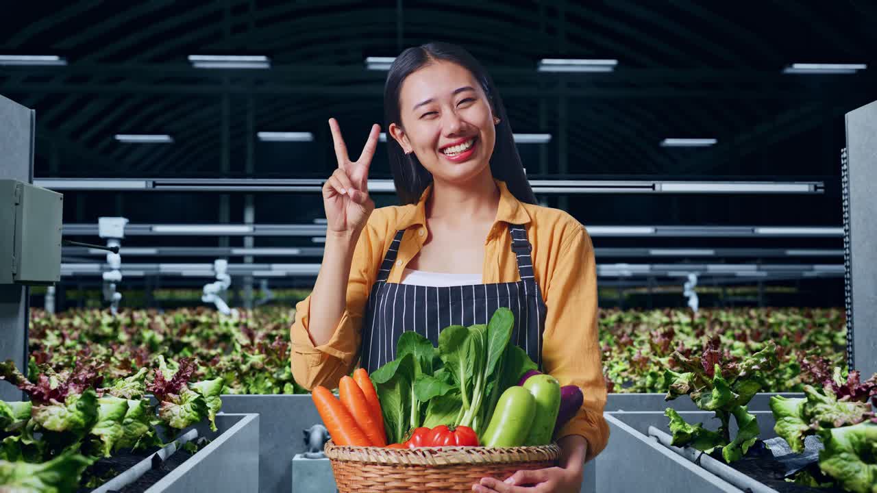 아시아 여성 농부 는 채소 바구니 를 들고 평화 로운 몸짓 을 보이고 스마트  에 서 있는 동안 미소 짓고 있다