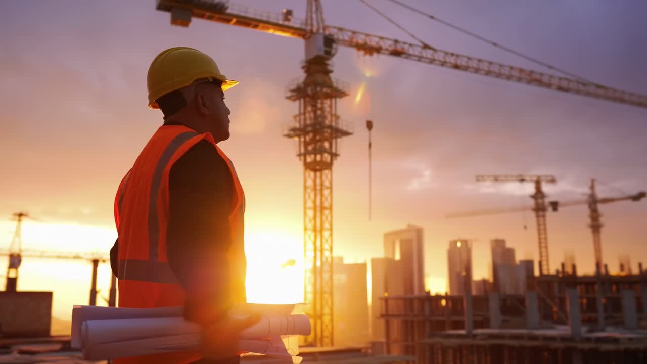 Silhouetted engineer at sunset, low-angle shot, urban construction site Video concept