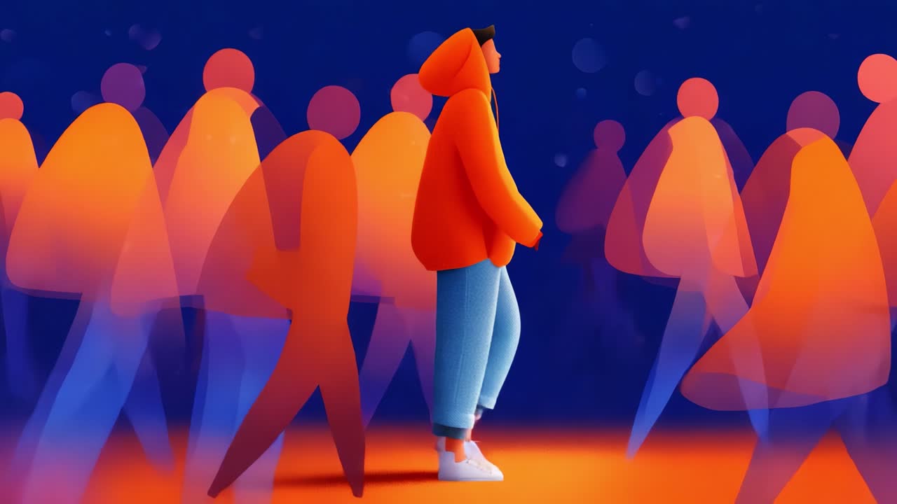A solitary figure walks confidently through a vibrant crowd of colorful silhouettes, embodying the journey of individuality and self-discovery in a dynamic and immersive environment