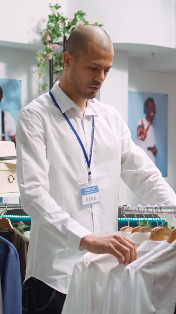 Uomo che guarda le camicie su una rastrelliera