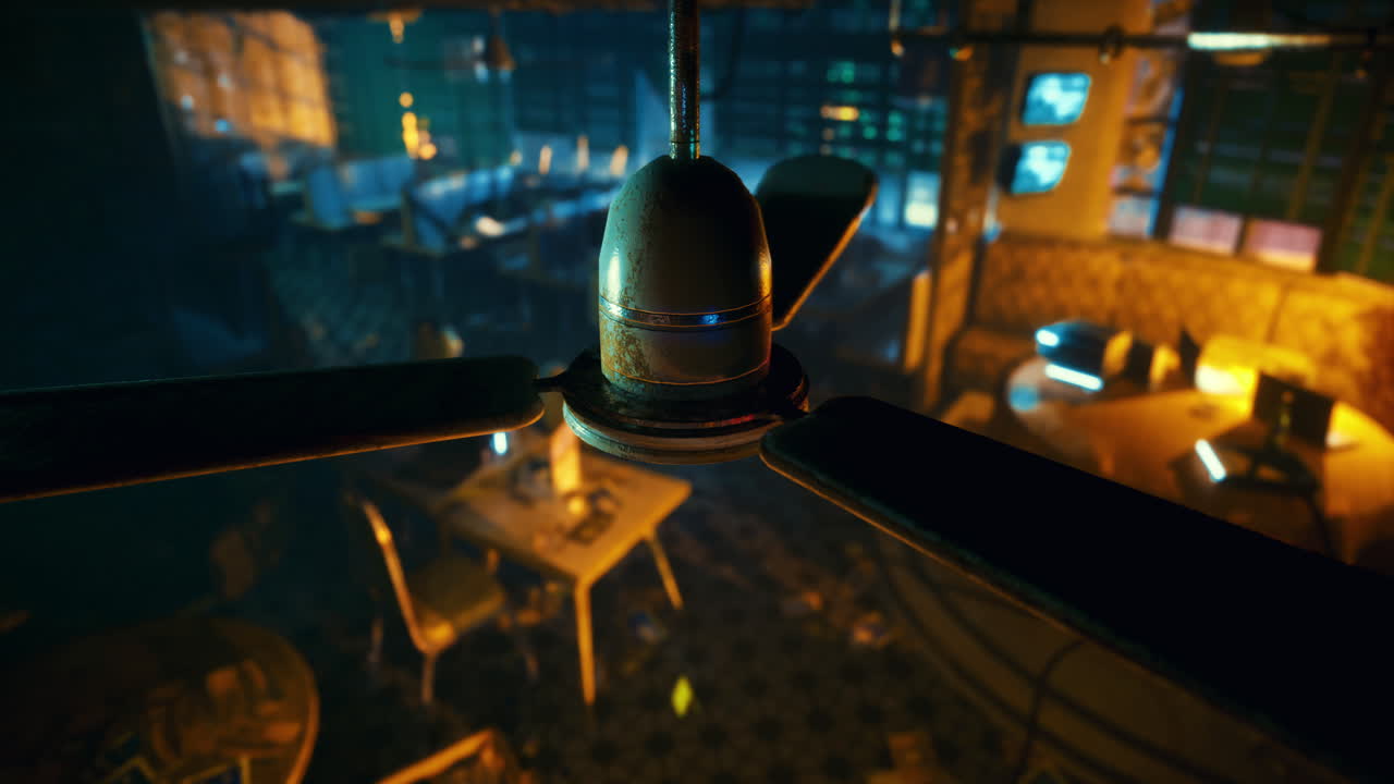 Fan spins above dimly lit cafe during evening hours in a lively atmosphere