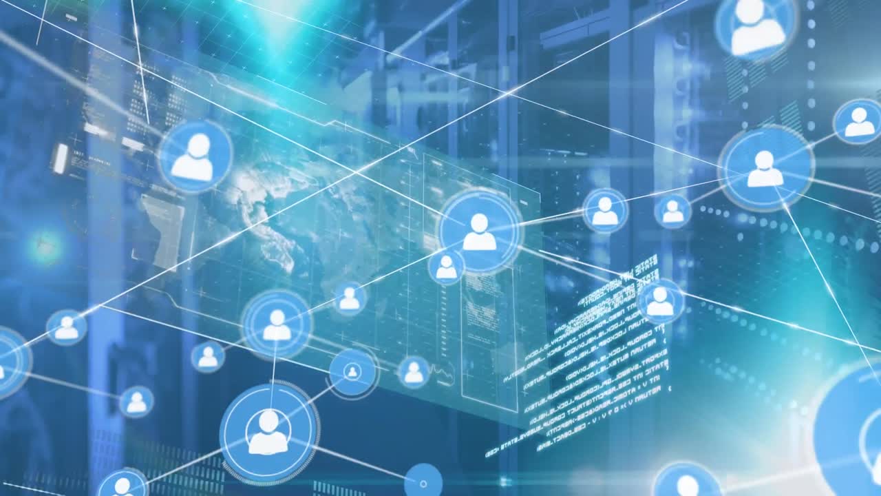 Animation of network of connections with icons over servers