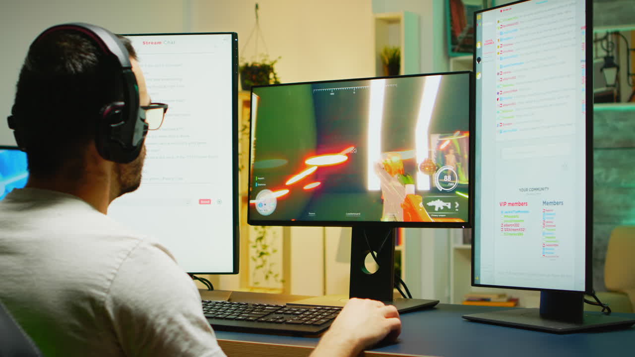 청년 이 슈팅 게임 에서 패배 한 후 에 헤드폰 을 내려놓고 있다