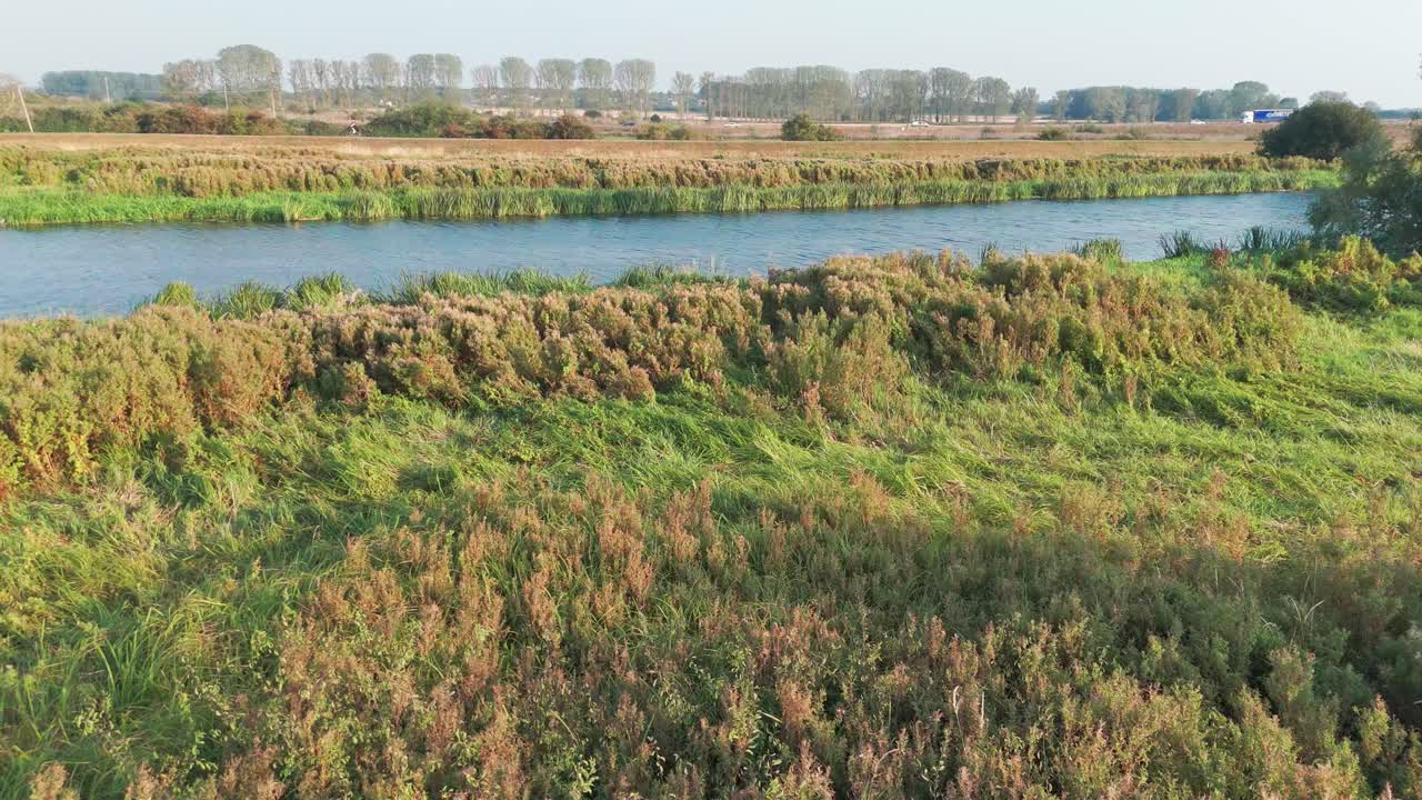 A serene landscape with a river flanked by greenery under a blue sky. The scene includes grass, shrubs, and trees, creating a tranquil and picturesque rural environment with reflections on the water.