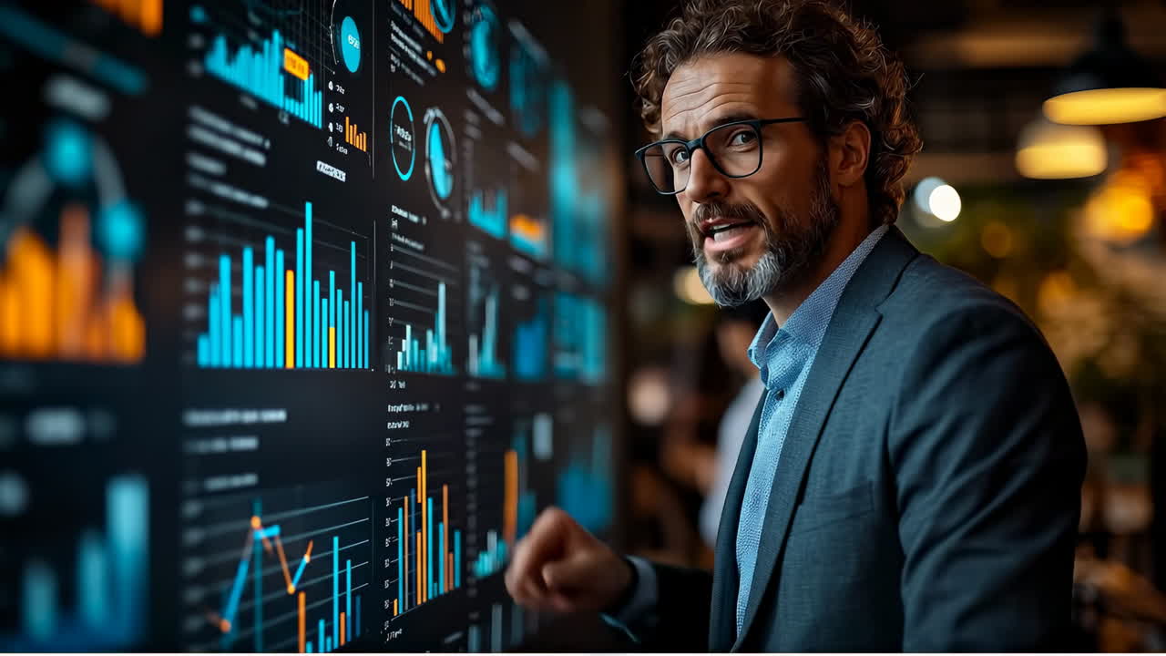 Modern office data display. A man in glasses presents data on a large screen in a well-lit office. He gestures towards colorful graphs and charts