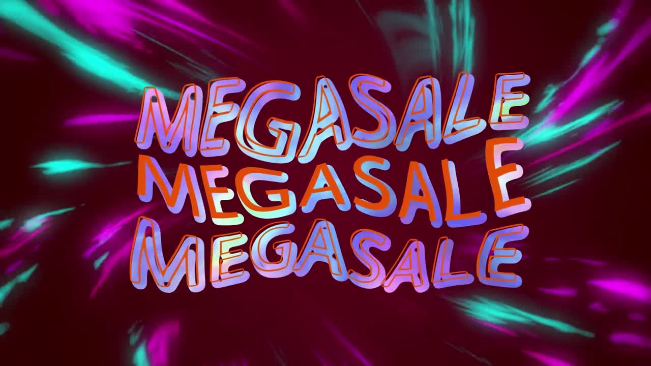 파란색과 보라색의 회전하는 불빛 위에 다채로운 텍스트를 구부리는 메가 세일의 애니메이션