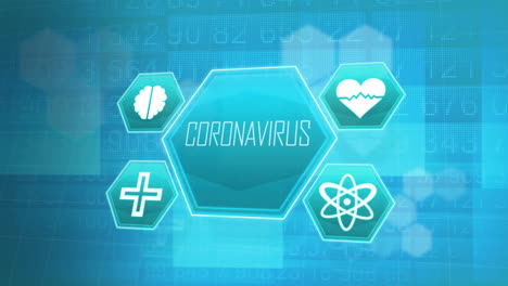animation of a word coronavirus with medical icons on blue background.