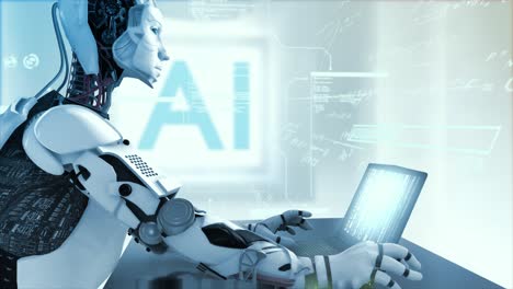 high quality 3d cgi render of an artificial intelligence humaniod robot at a laptop computer in a virtual ai environment with data and equations floating around him - cold blue color scheme