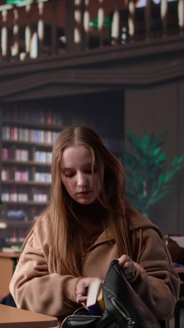 Vertical video female college student reads and writes detailed notes for a new course