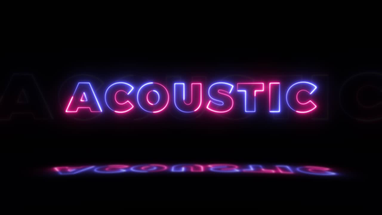 Neon glowing word 'ACOUSTIC' on a black background with reflections on a floor. Neon glow signs in seamless loop motion graphic