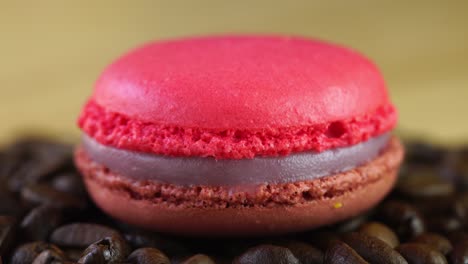 macaroon turning on a pile of roasted coffee beans on a revolving board