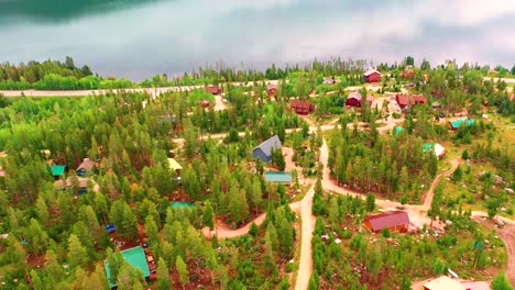 Slow-Moving-Drone-over-Colorful-Neighborhood-in-Grand-Lake,-Colorado