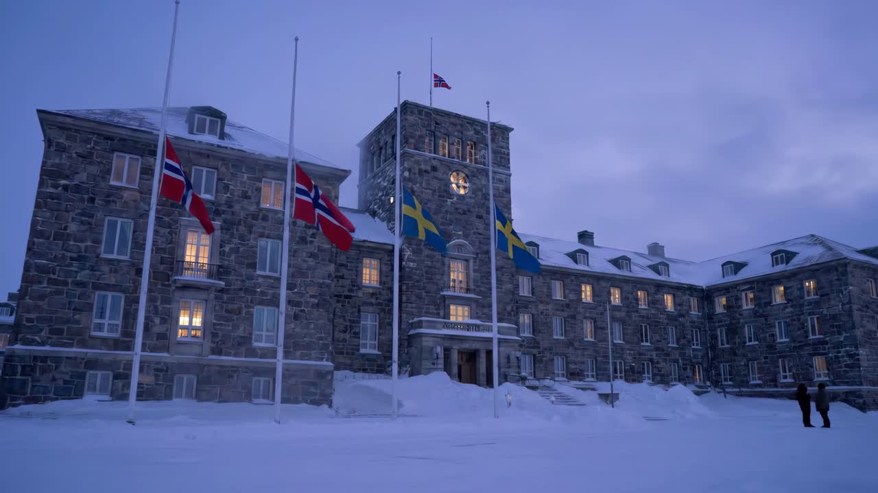 Historisk steinbygning med norske og svenske flagg på halv stang om vinteren