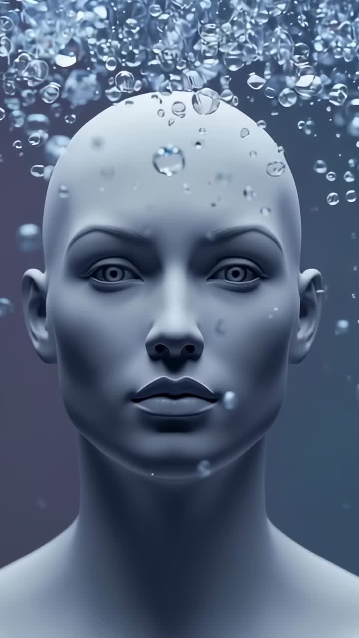 Vertical video: Opening static shot revealing bust as bubbles rising in water tank, lights shifting