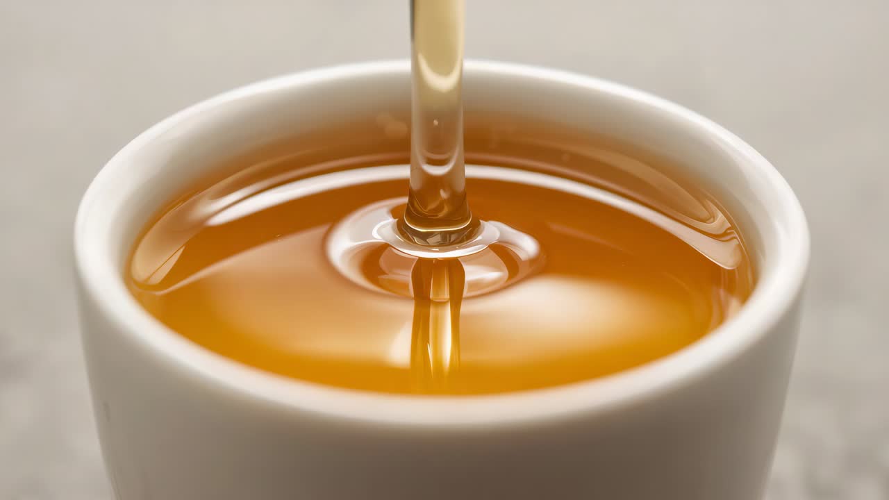Versando con un beccuccio un flusso ambrato in una tazza di ceramica bianca che si riempie su un tavolo grigio, formando increspature