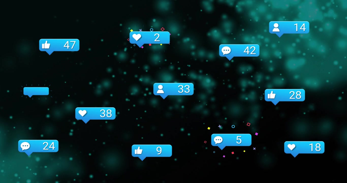 After silent teal particles drifting, reaction icons emerging and pulsing to show engagement rising