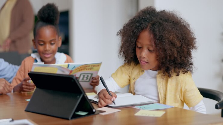 Writing, children or video call on tablet