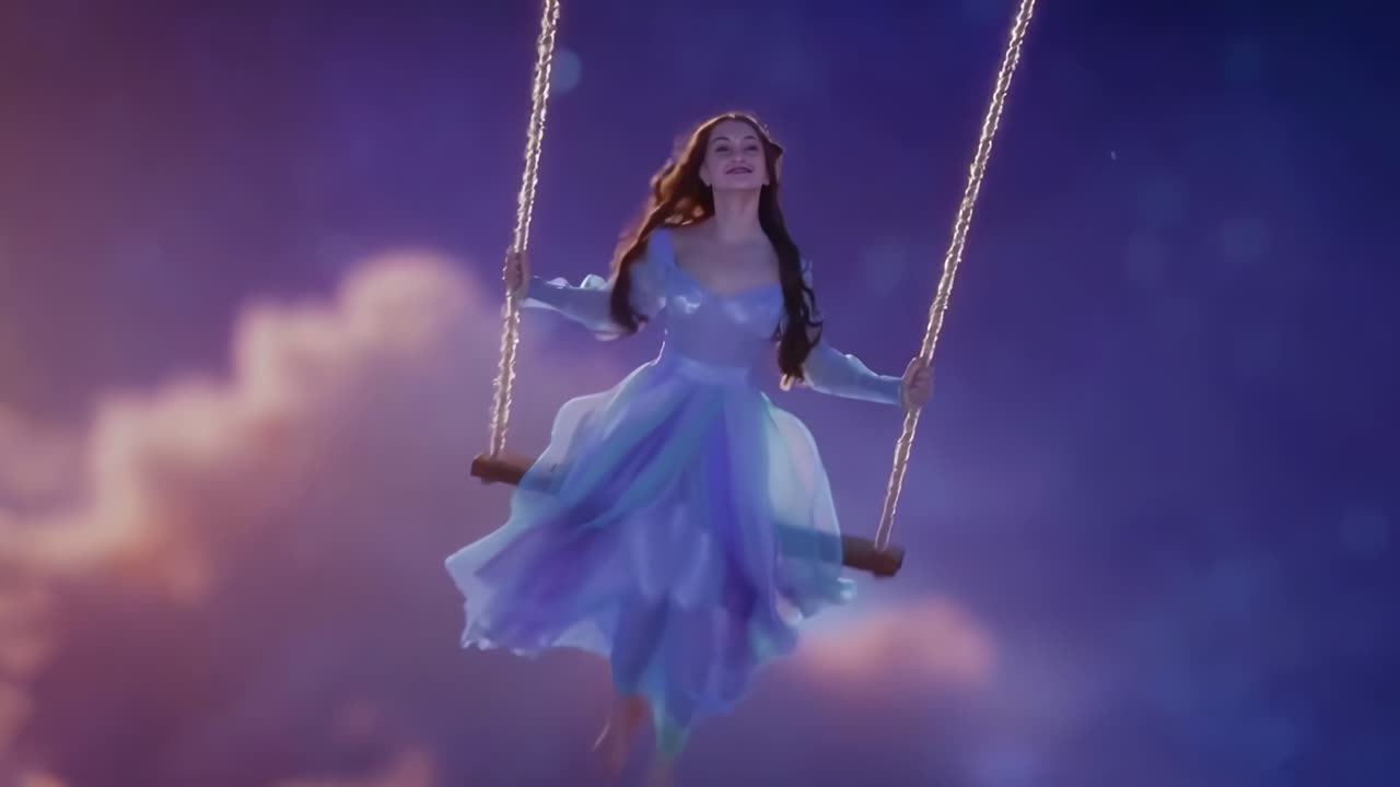 Scena video onirica di una donna su un'altalena nel cielo, ripresa da un'angolazione bassa
