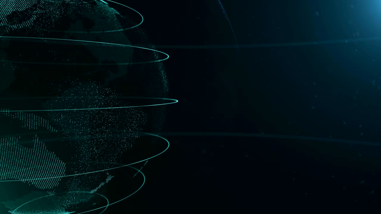 Abstract sphere. Cropped. Connected azure blue dots with lines. Globalization interface. Planet is moving on the left side. 4K.