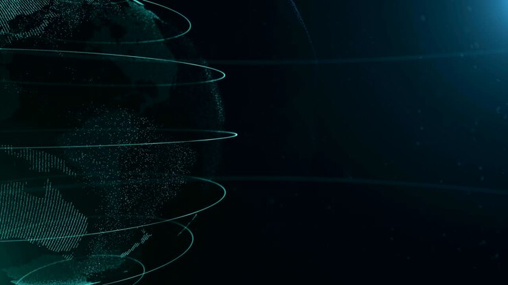Abstract sphere. Cropped. Connected azure blue dots with lines. Globalization interface. Planet is moving on the left side. 4K.