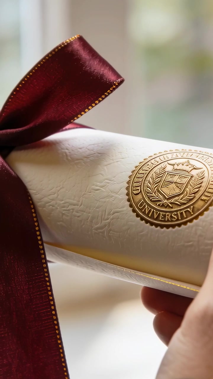 Vertical video: Entering hand holding scroll tilting by window showing gold seal, maroon bow