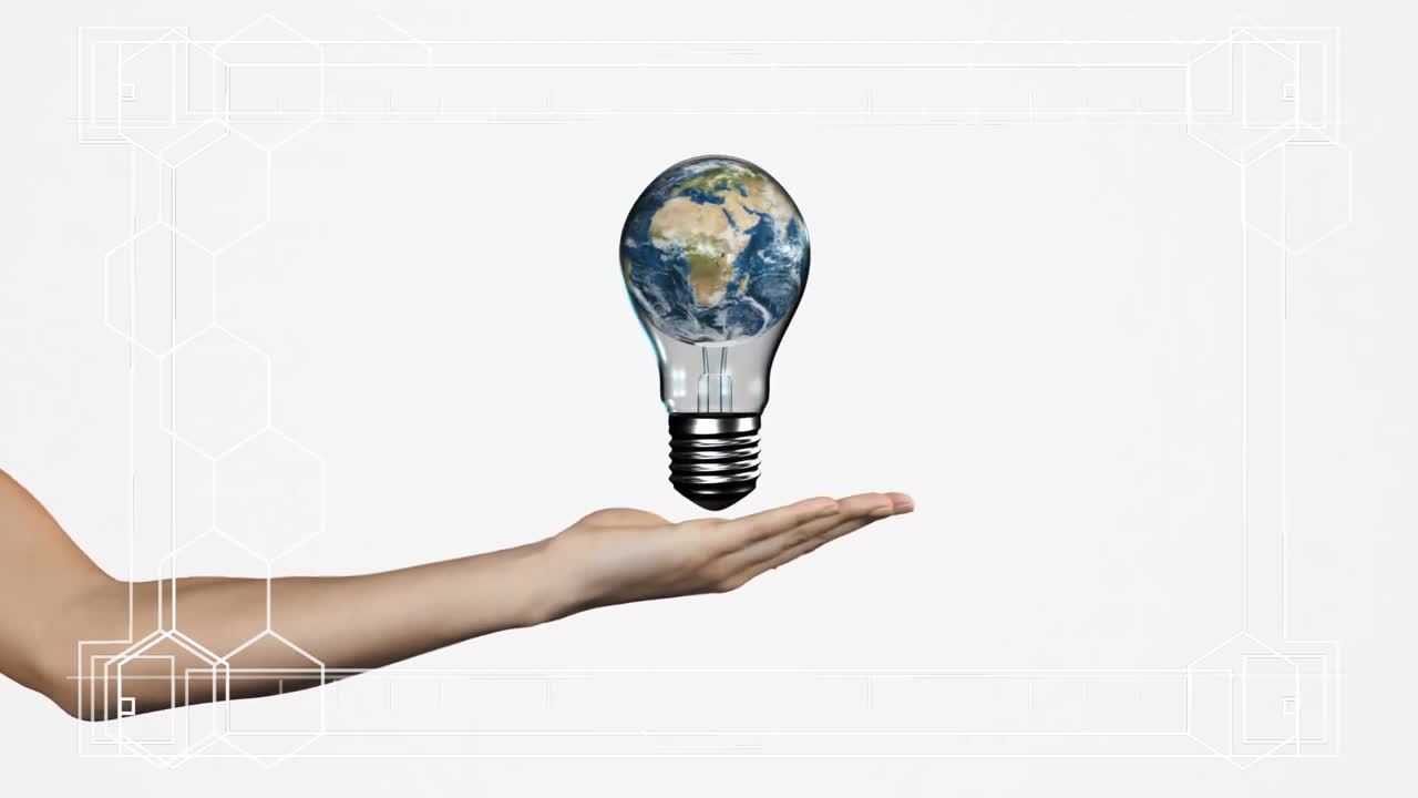 Holding light bulb with Earth inside, hand surrounded by animation patterns