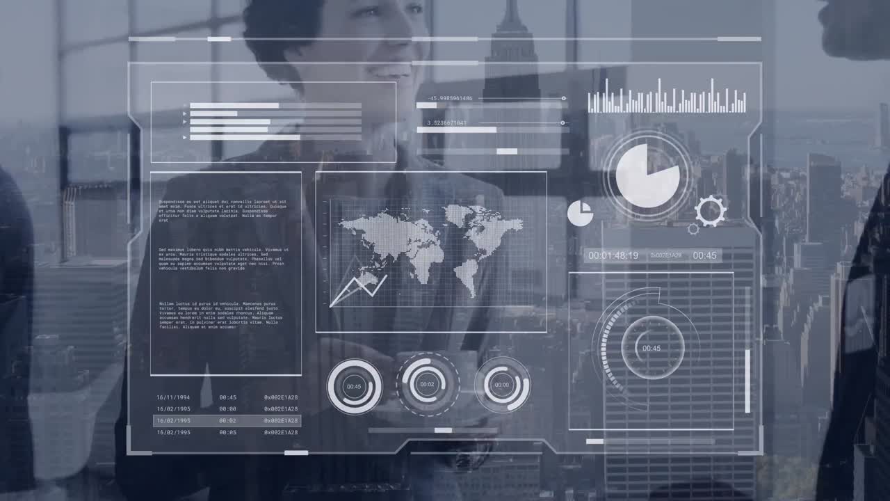 Animation of financial data processing over diverse group of business people