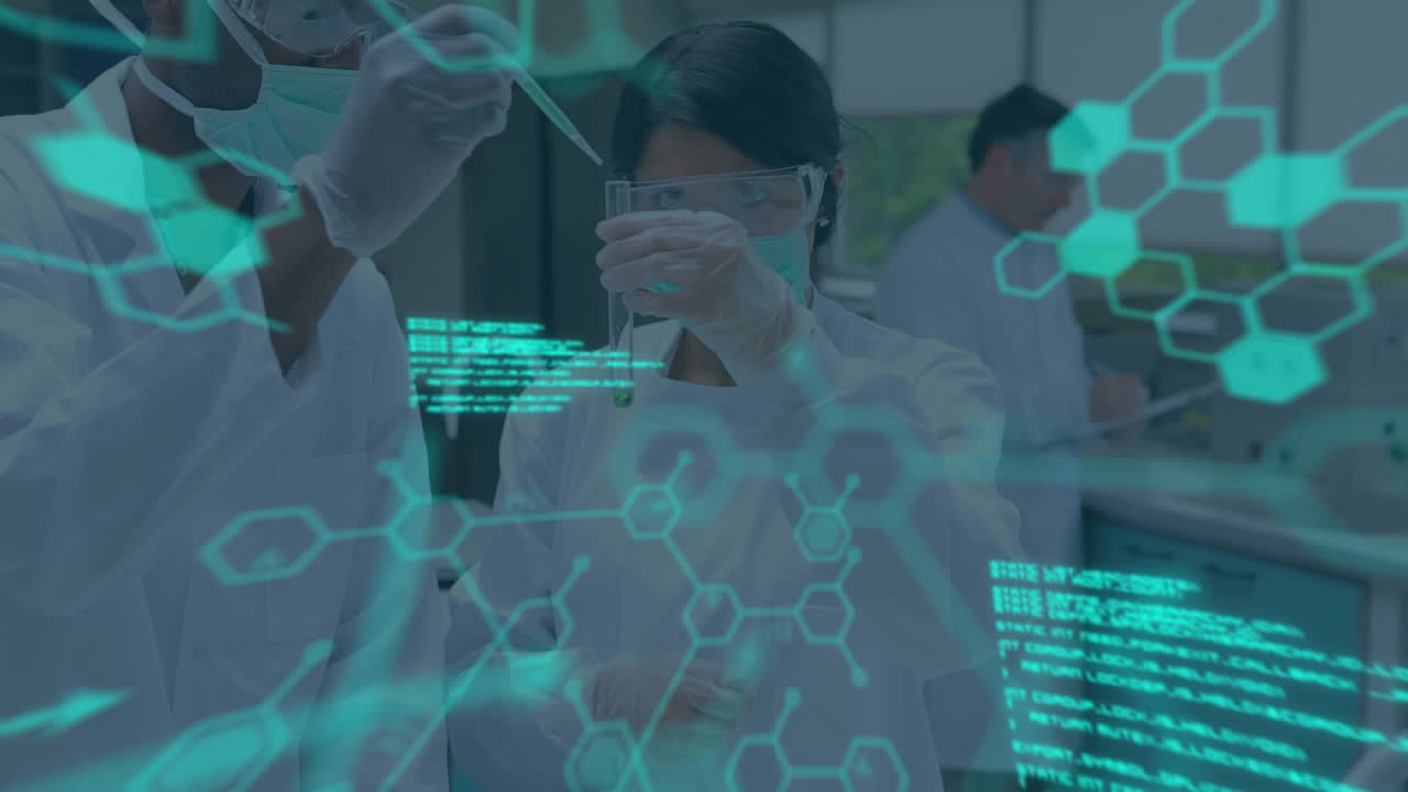 animación del procesamiento de datos científicos sobre diversos científicos en el laboratorio