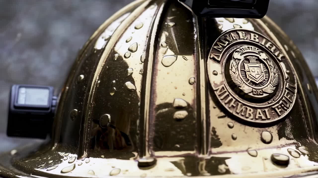 Close-up of a Gold Fire Helmet with Water Droplets