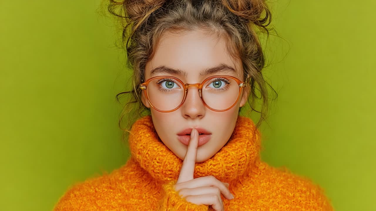A Captivating Portrait of a Young Woman in an Orange Sweater, Posing Silently Against a Vibrant Green Background, Exuding Charm and Mystery