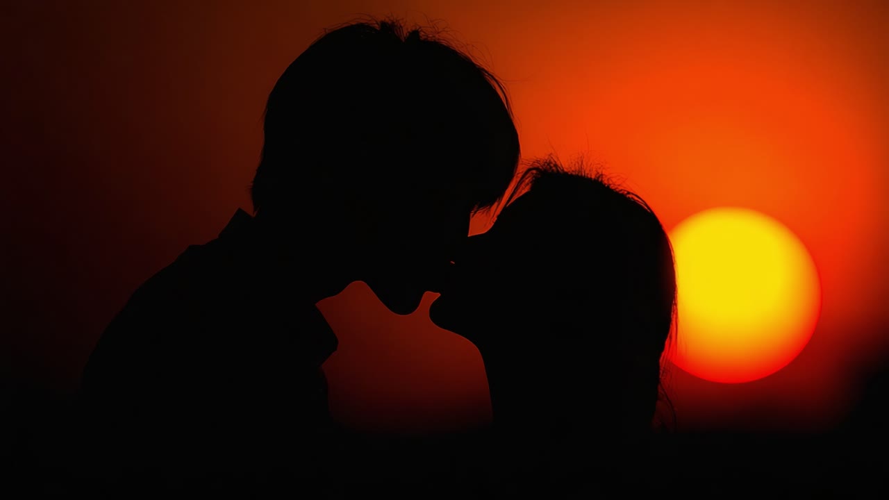 A Romantic Sunset Silhouette: Capturing the Tender Moment Between Two People as They Share a Loving Kiss Against the Backdrop of a Vibrant Setting Sun
