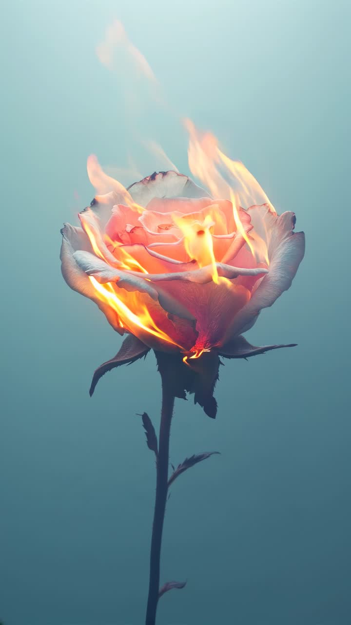 A dramatic close-up video concept of a burning rose. Captured from a low angle, the flames