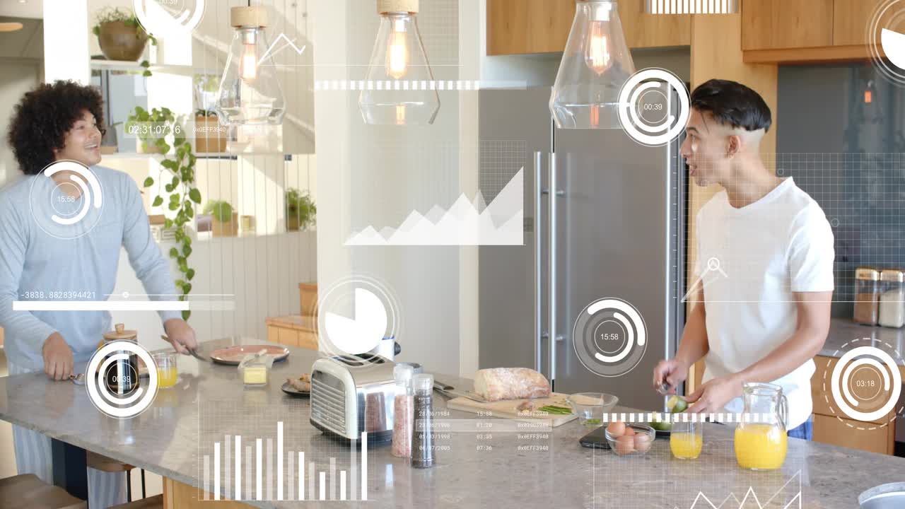 Curly-haired man reaching for plate, two men doing food prep at island, HUD highlighting items