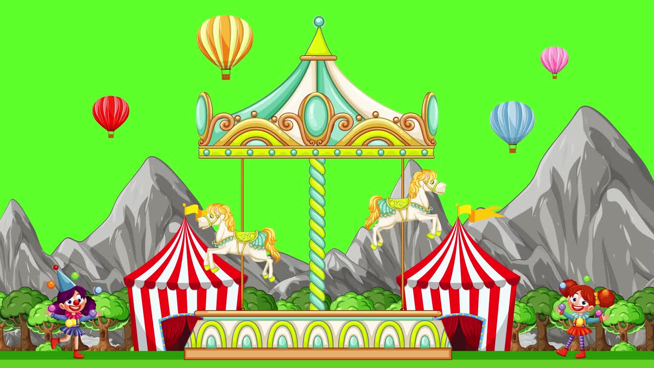 Farverig forlystelsespark-animation med roterende karrusel, cirkustelte og balloner mod grøn baggrund